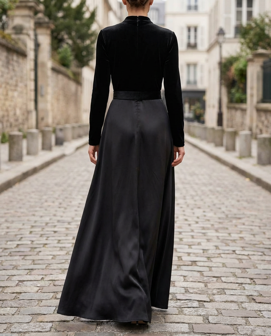 Elegant Black Velvet And Satin Midi Dress
