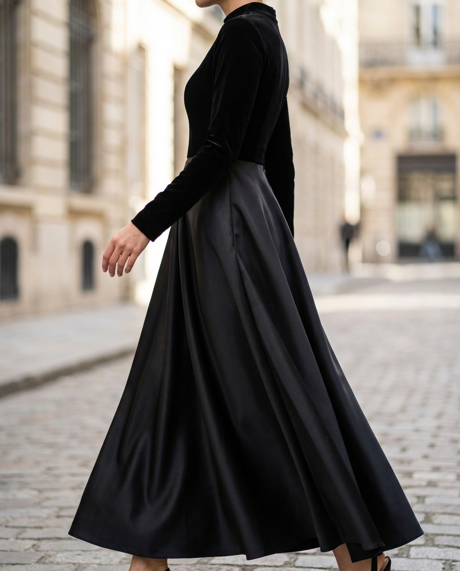 Elegant Black Velvet And Satin Midi Dress