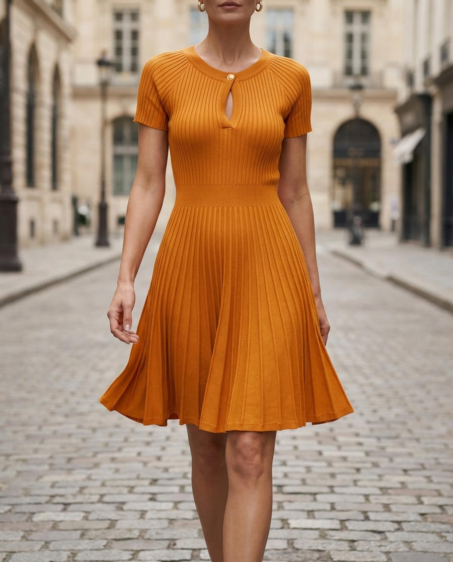 Elegant Ribbed Keyhole A-Line Knit Dress