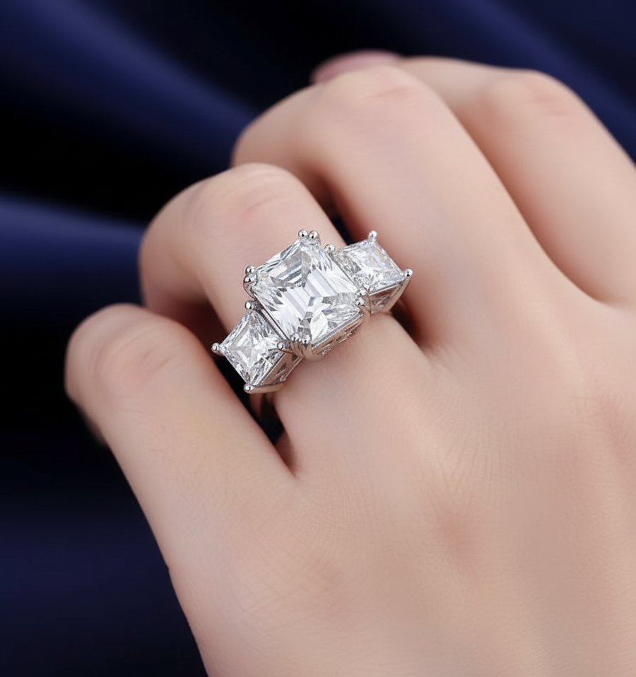 Radiant Cut Three-Stone Sterling Silver Engagement Ring
