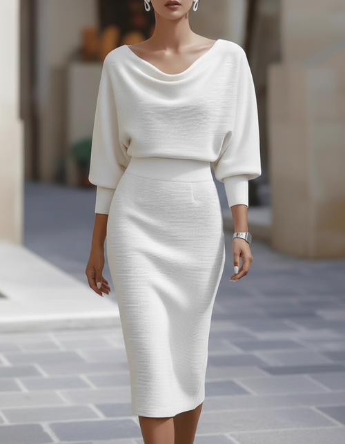 Draped Cowl Neck Three-Quarter Sleeve Midi Dress