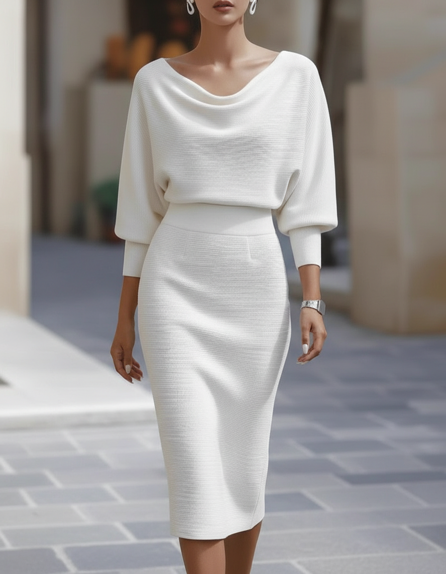 Draped Cowl Neck Three-Quarter Sleeve Midi Dress