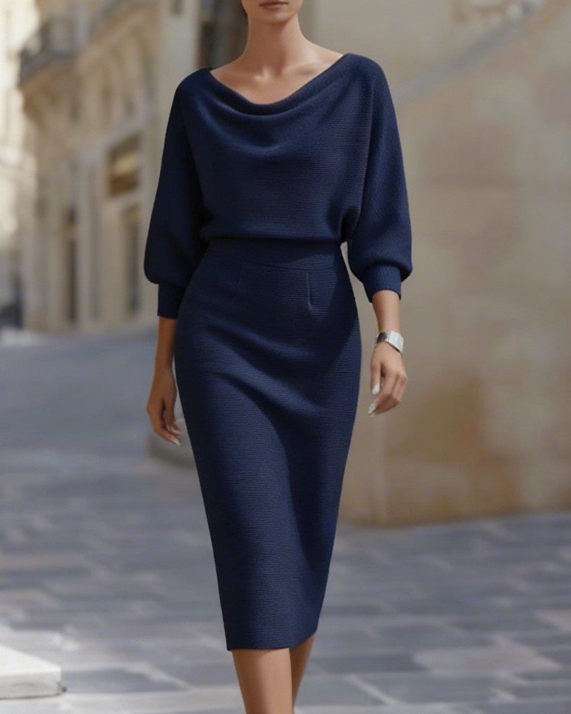 Draped Cowl Neck Three-Quarter Sleeve Midi Dress
