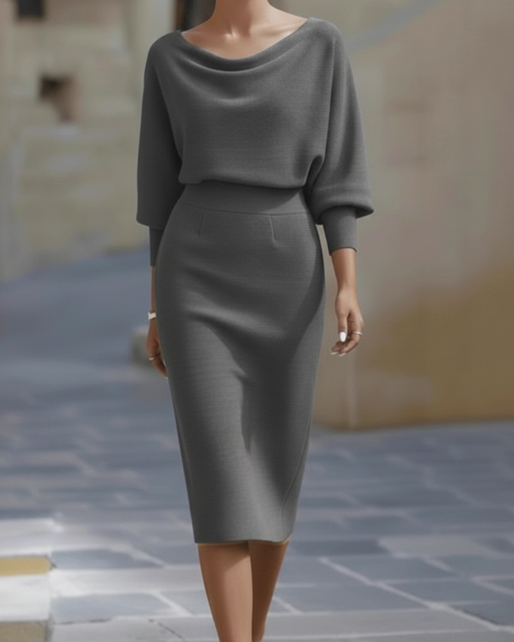 Draped Cowl Neck Three-Quarter Sleeve Midi Dress