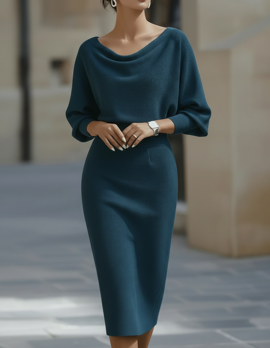 Draped Cowl Neck Three-Quarter Sleeve Midi Dress