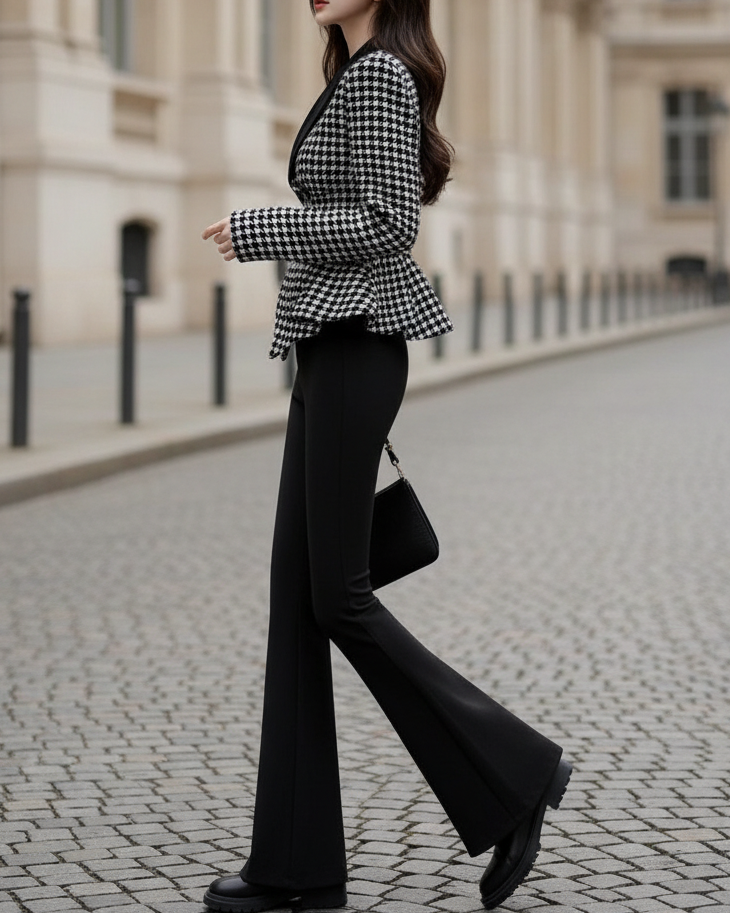 Tailored Double-Breasted Peplum Blazer with Contrast Lapel