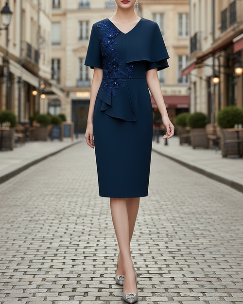 Elegant Embellished Cape-Overlay V-Neck Midi Dress
