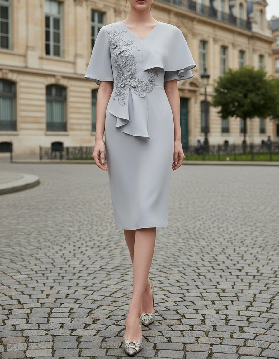 Elegant Embellished Cape-Overlay V-Neck Midi Dress