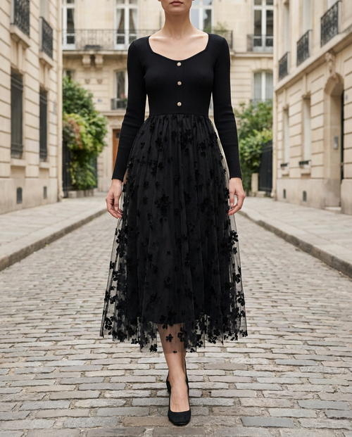 Black Stretch Knit Dress With 3D Floral Embroidered Mesh Overskirt