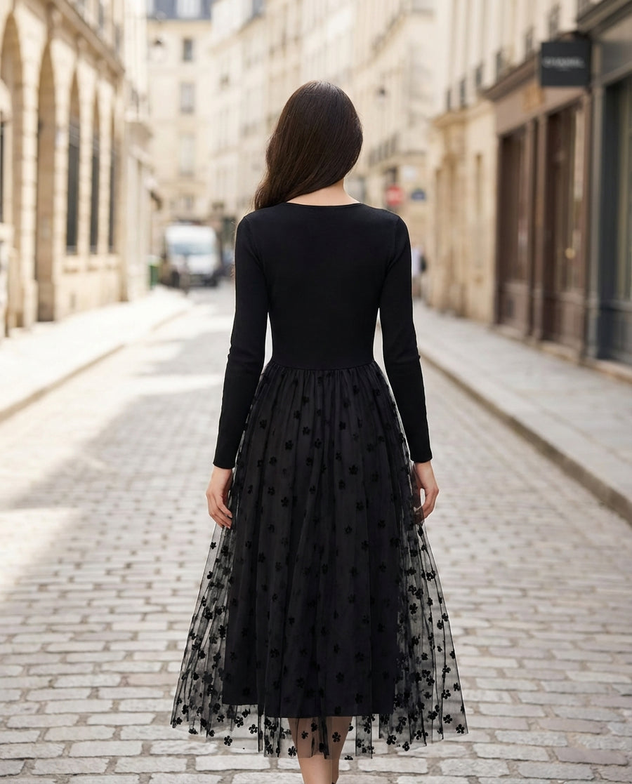 Black Stretch Knit Dress With 3D Floral Embroidered Mesh Overskirt