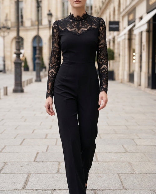 Lace-Panel Long-Sleeve Tailored Jumpsuit