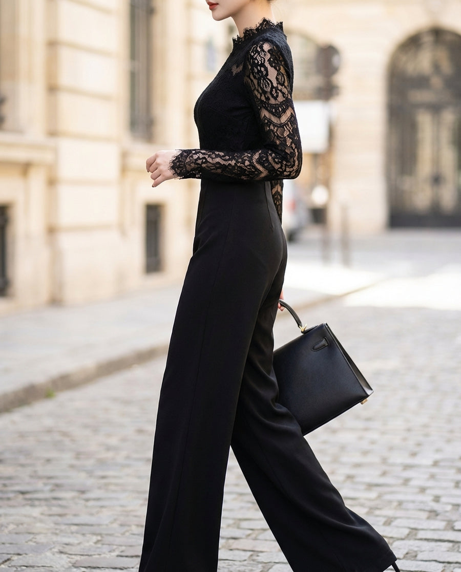 Lace-Panel Long-Sleeve Tailored Jumpsuit