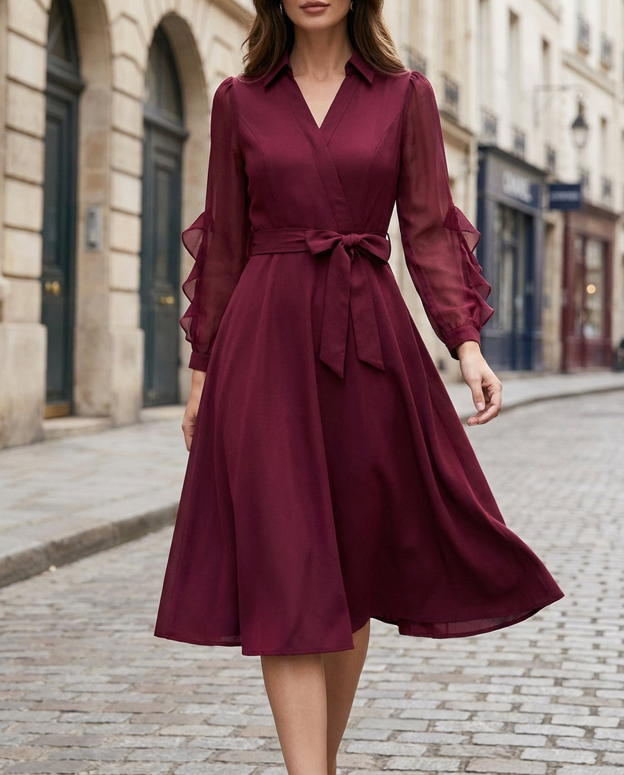 Elegant Wrap Midi Dress With Sheer Sleeves