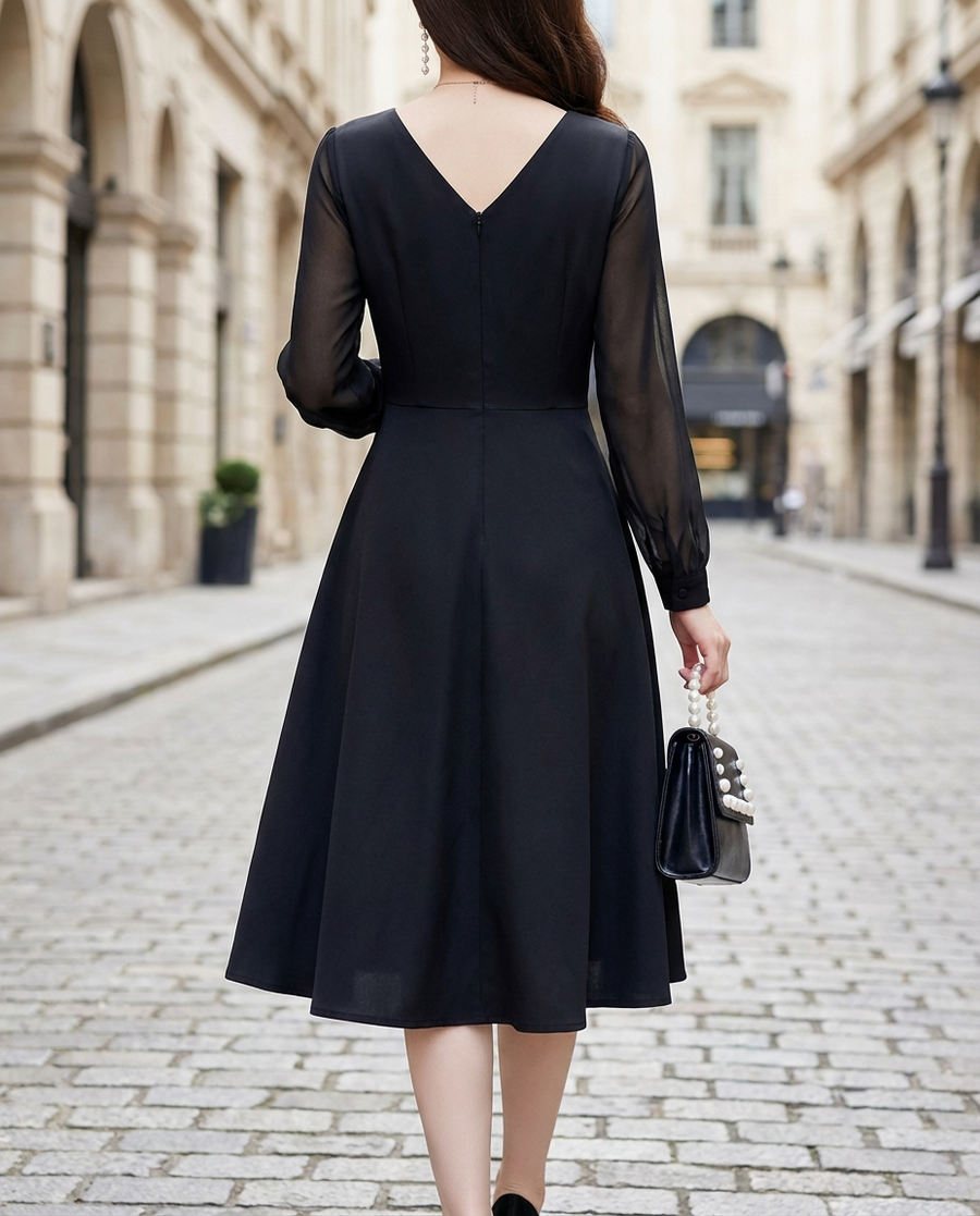 Elegant Wrap Midi Dress With Sheer Sleeves