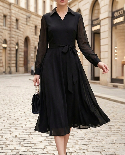 Elegant Wrap Midi Dress With Sheer Sleeves