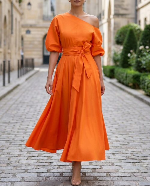 Radiant One-Shoulder Midi Dress with Waist Tie & Flared Skirt