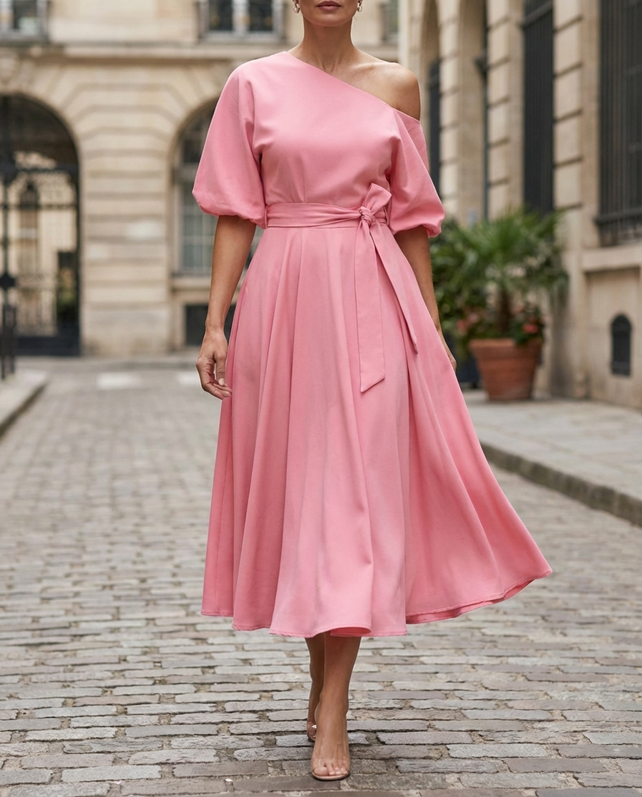 Radiant One-Shoulder Midi Dress with Waist Tie & Flared Skirt
