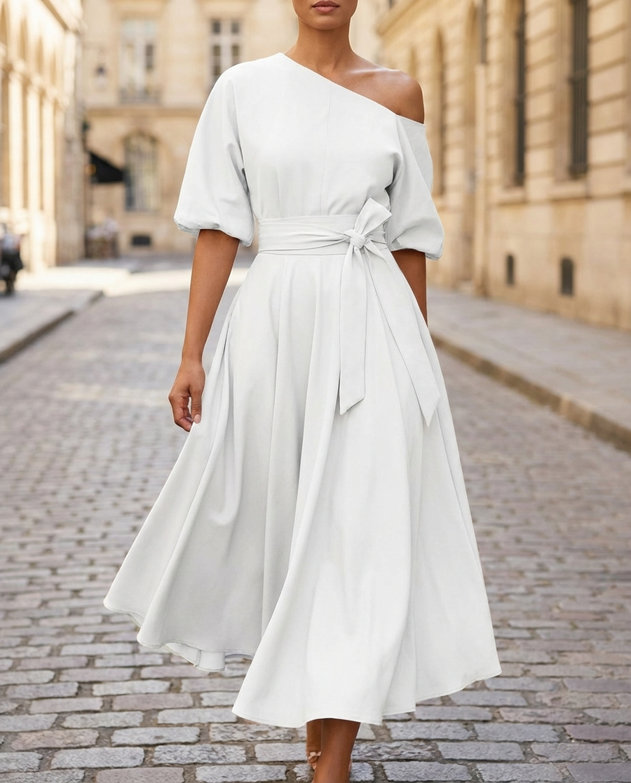 Radiant One-Shoulder Midi Dress with Waist Tie & Flared Skirt
