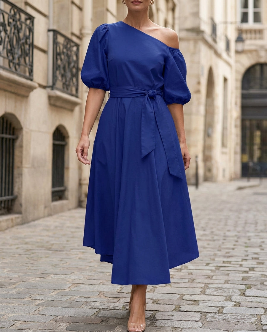 Radiant One-Shoulder Midi Dress with Waist Tie & Flared Skirt