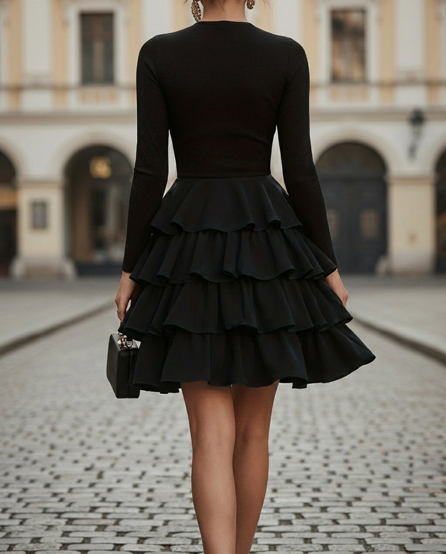 High-Neck Long-Sleeve Tiered Ruffle Mini Dress