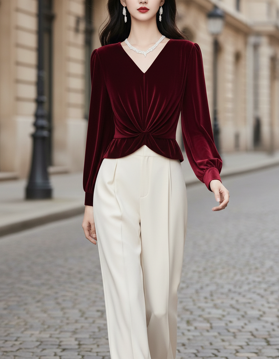 Velvet V-Neck Twist-Front Blouse With Long Sleeves
