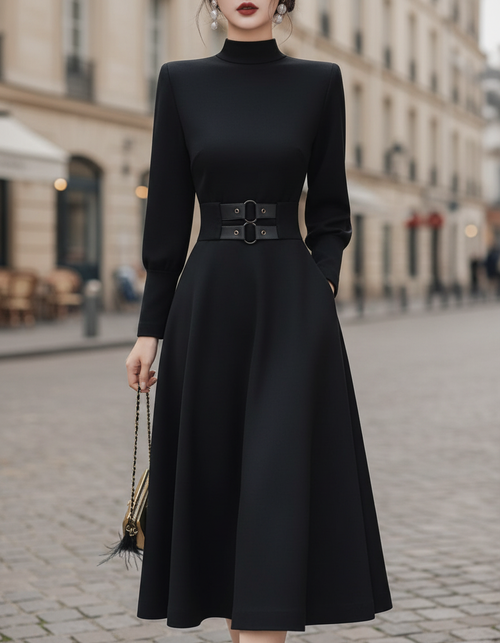 Structured High-Neck Double-Belt Chic – Midi Dress
