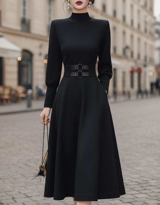 Structured High-Neck Double-Belt Chic – Midi Dress