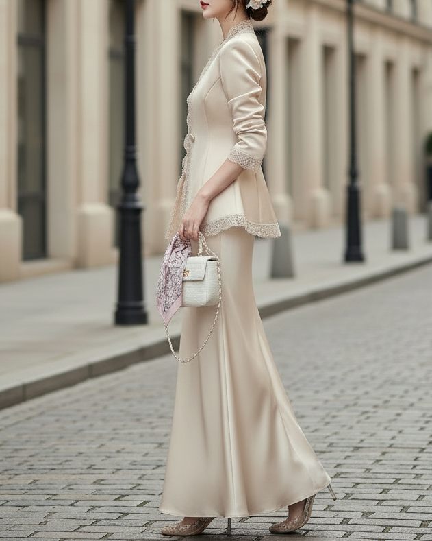 Lace-Trimmed Pearl Button Blazer with Satin Slip Dress Set