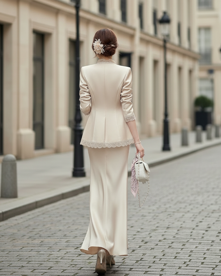 Lace-Trimmed Pearl Button Blazer with Satin Slip Dress Set