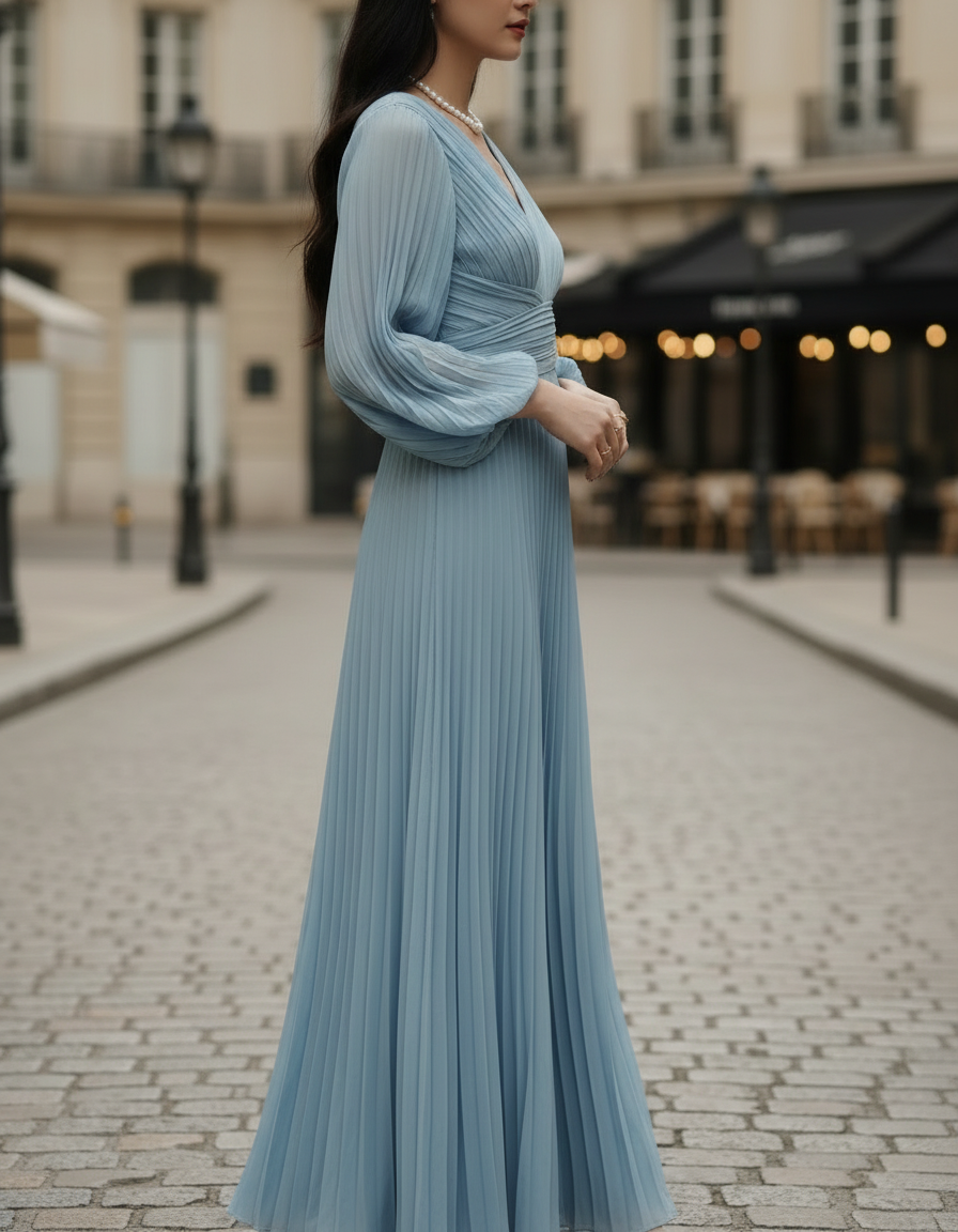 Caay Shop Steel Blue Pleated Midi Dress