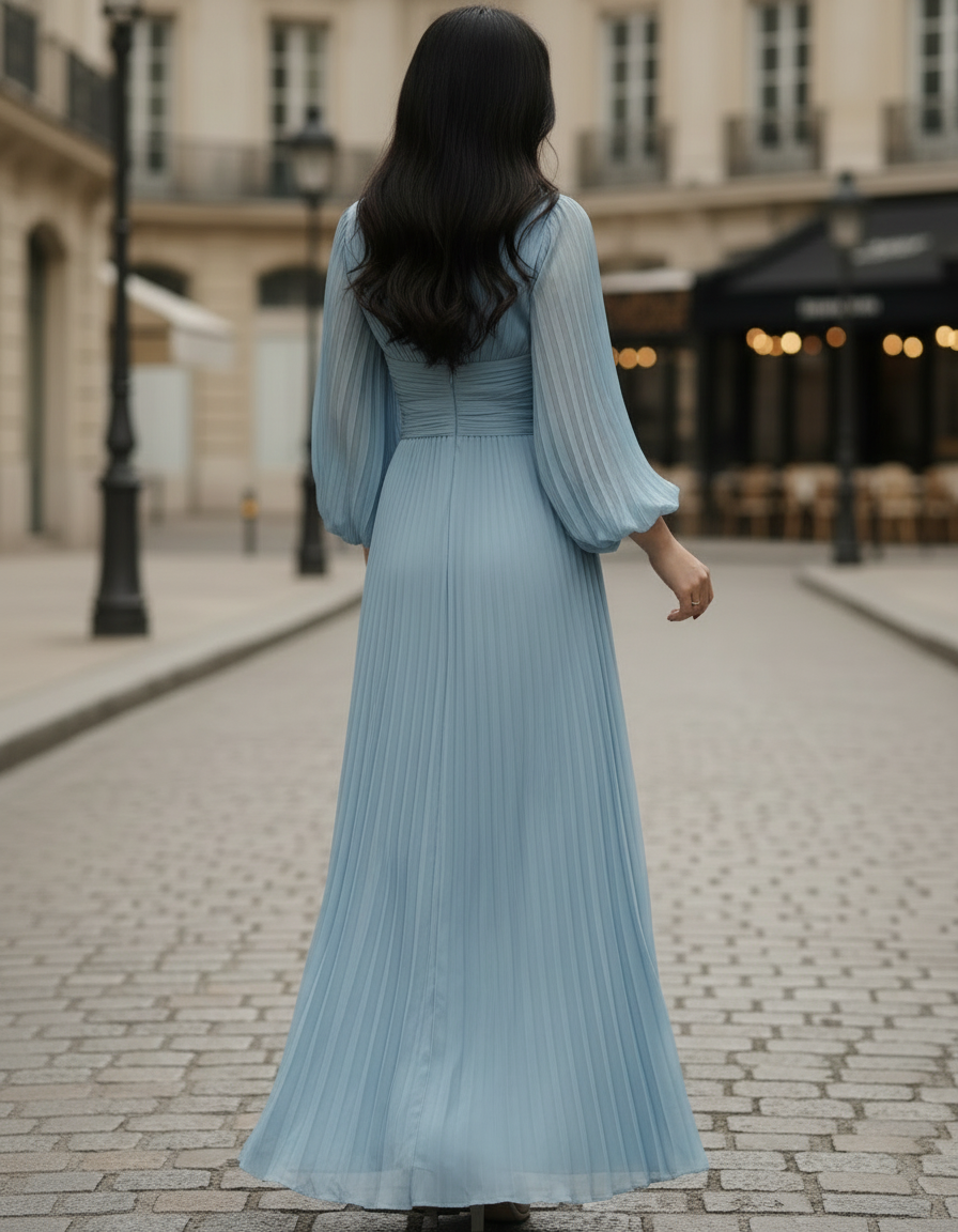 Caay Shop Steel Blue Pleated Midi Dress