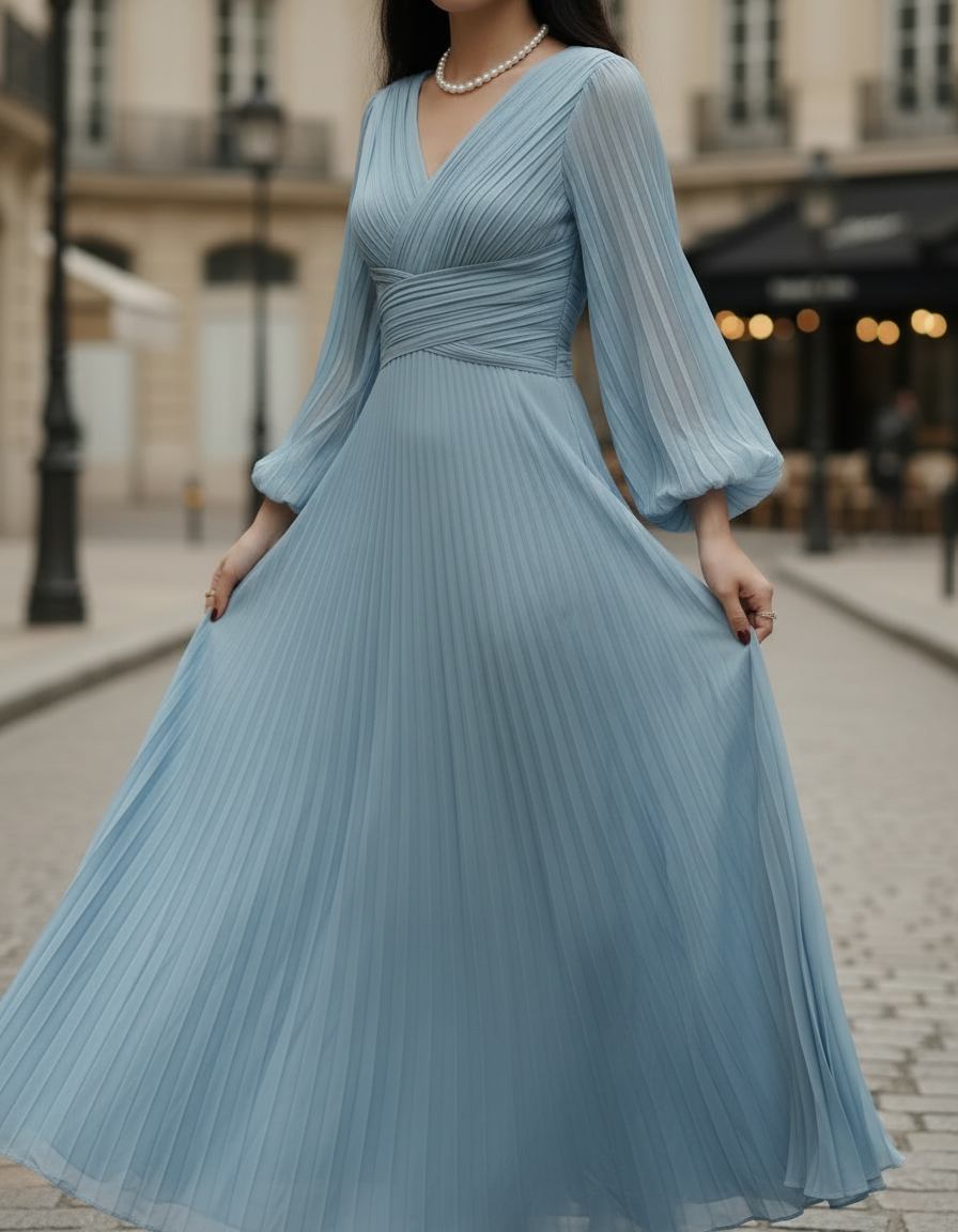 Caay Shop Steel Blue Pleated Midi Dress