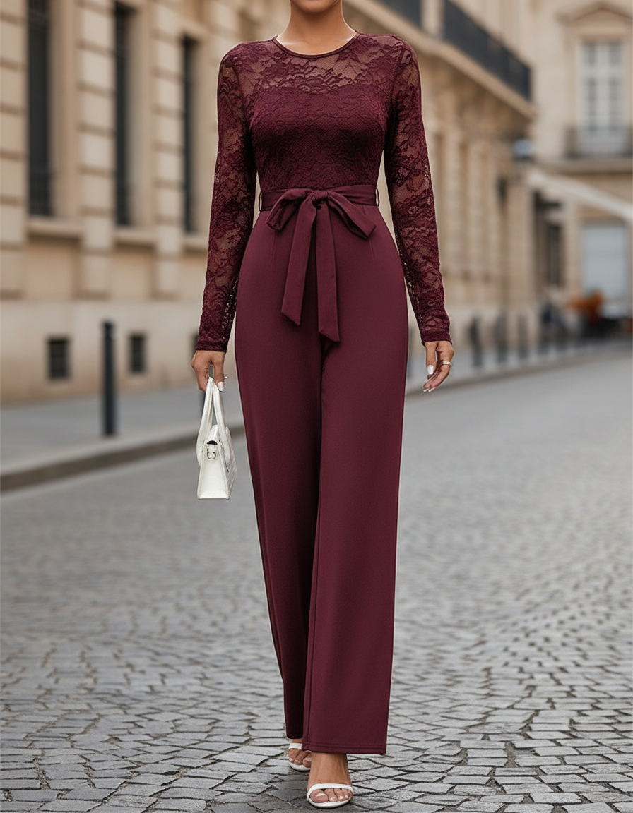 Lace Illusion Bodice Wide-Leg Evening Jumpsuit