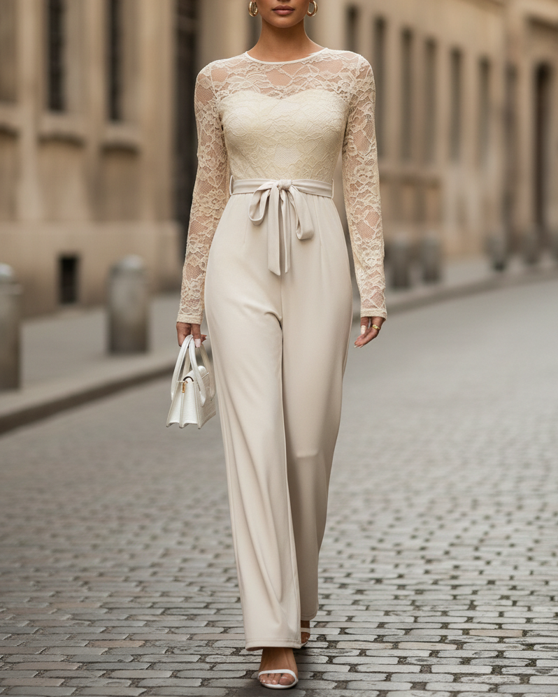 Lace Illusion Bodice Wide-Leg Evening Jumpsuit