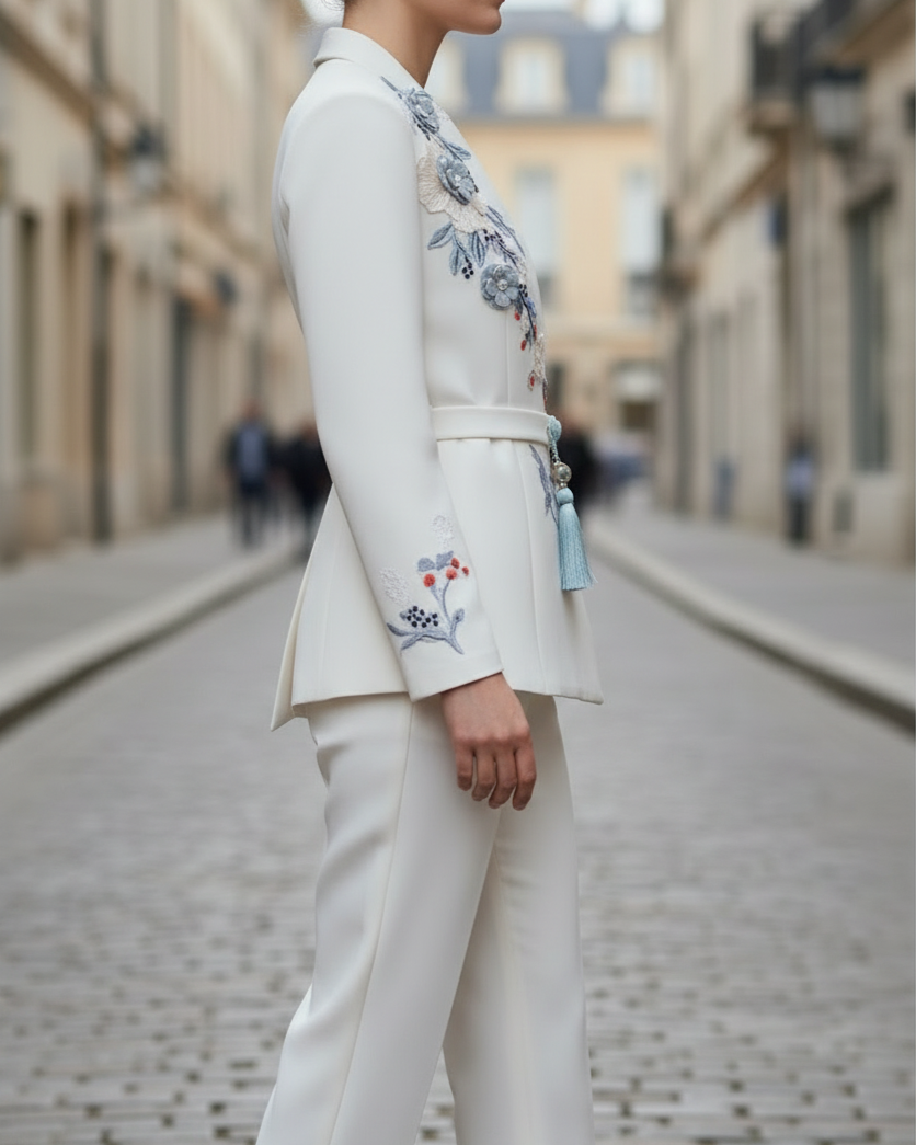 Chic White Blazer with Rose Embroidery