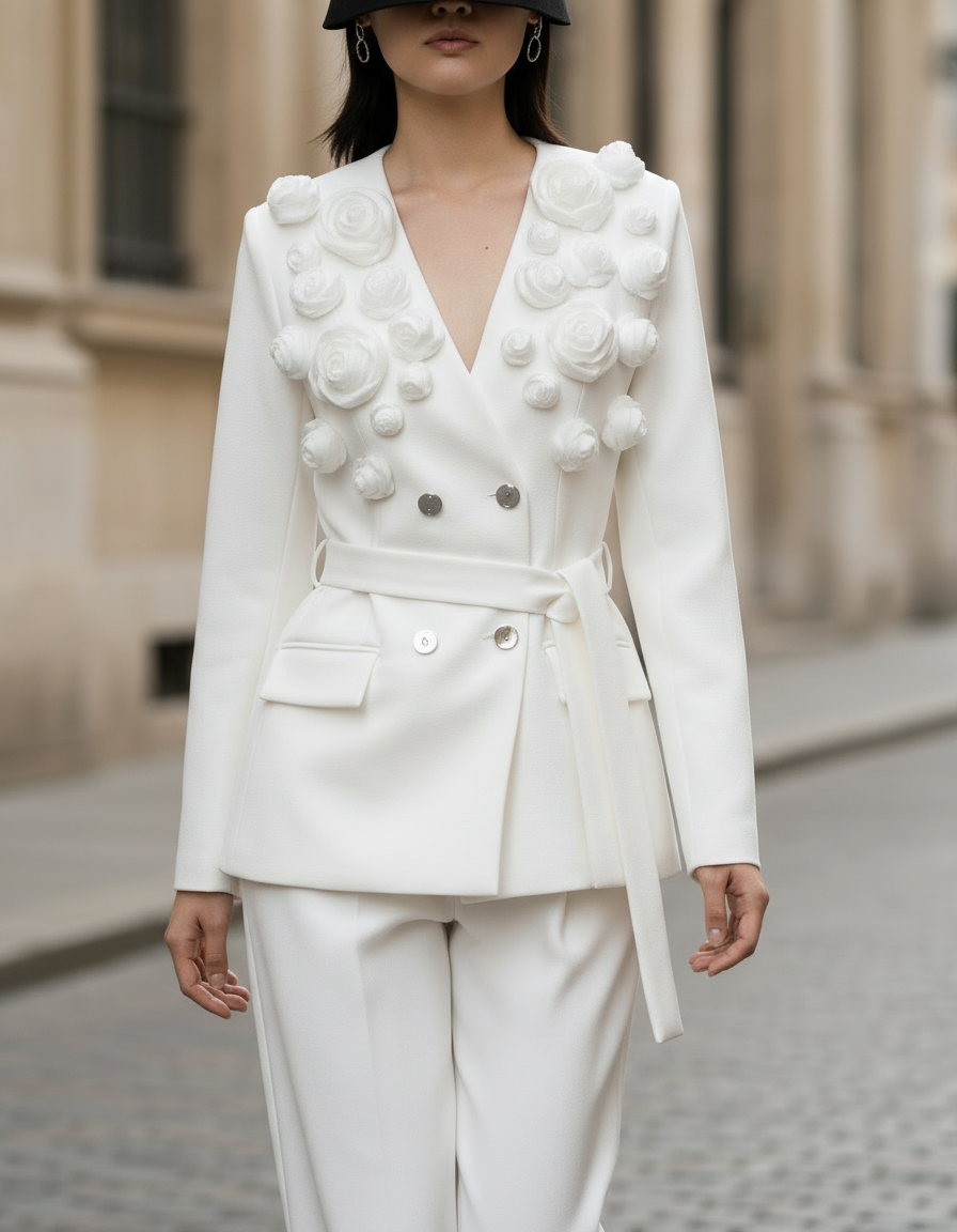 Tailored Pantsuit With Floral Lapel Detail