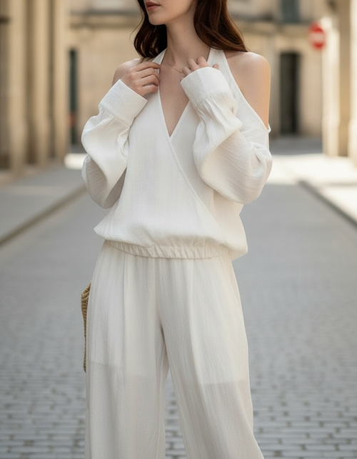 Halter Cold-Shoulder Wide-Leg Jumpsuit