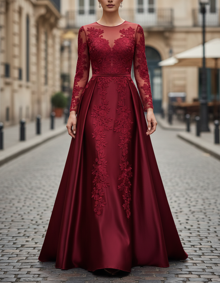 Burgundy Lace Long-Sleeve Satin A-Line Gown
