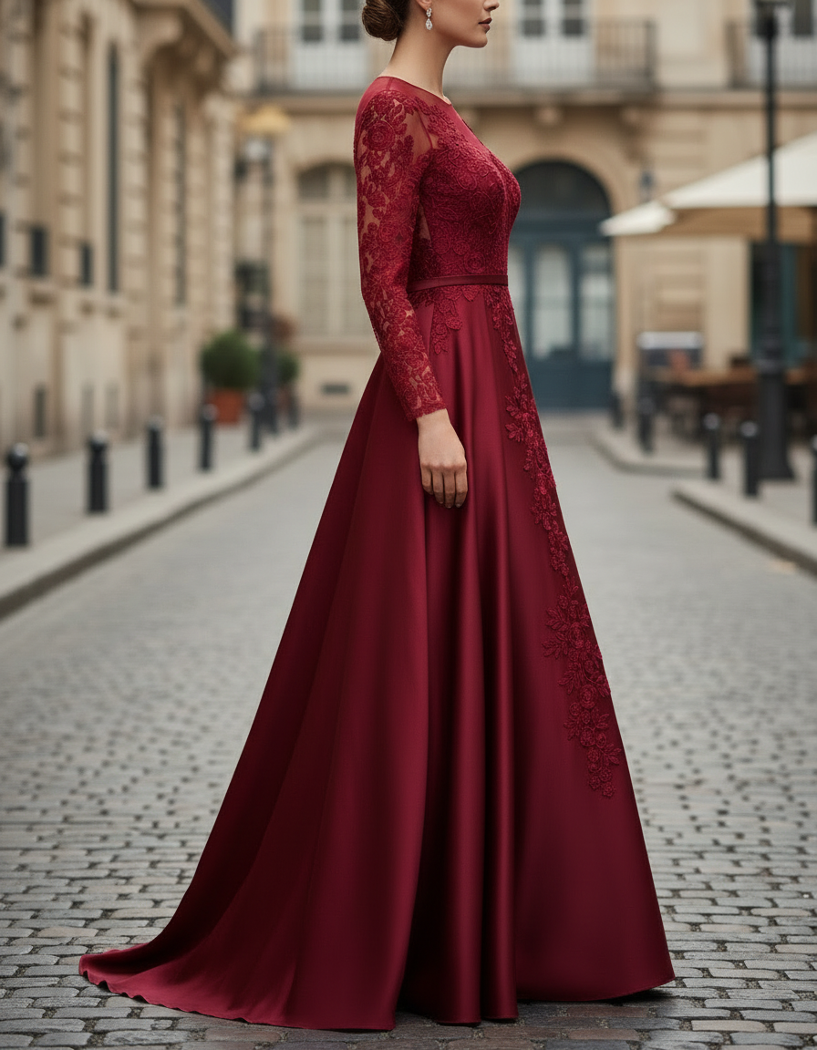 Burgundy Lace Long-Sleeve Satin A-Line Gown