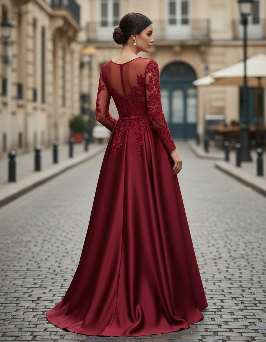 Burgundy Lace Long-Sleeve Satin A-Line Gown
