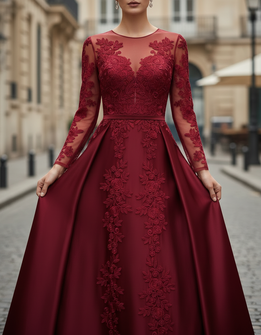 Burgundy Lace Long-Sleeve Satin A-Line Gown