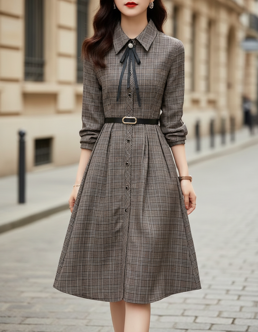 Elegant Plaid Button-Front Belted Midi Dress