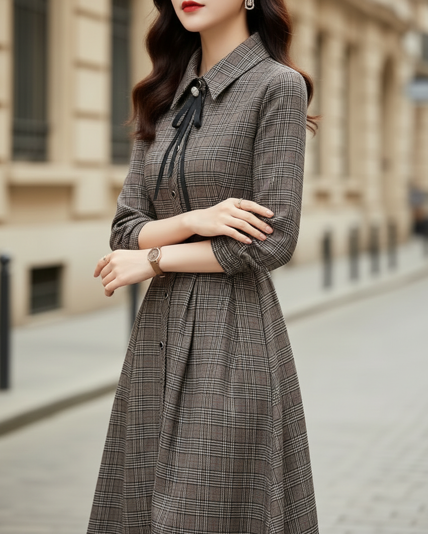 Elegant Plaid Button-Front Belted Midi Dress