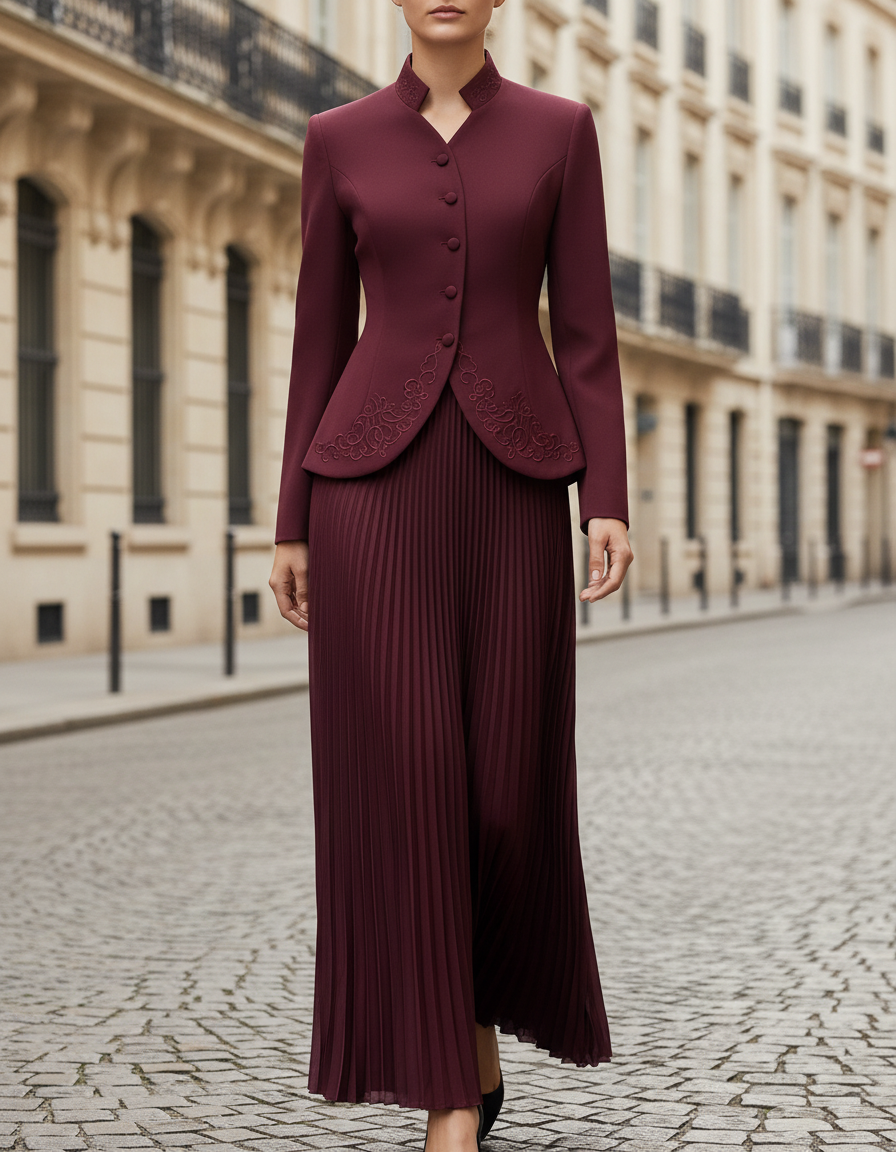Embroidered Mandarin-Collar Blazer And Pleated Midi Skirt Set