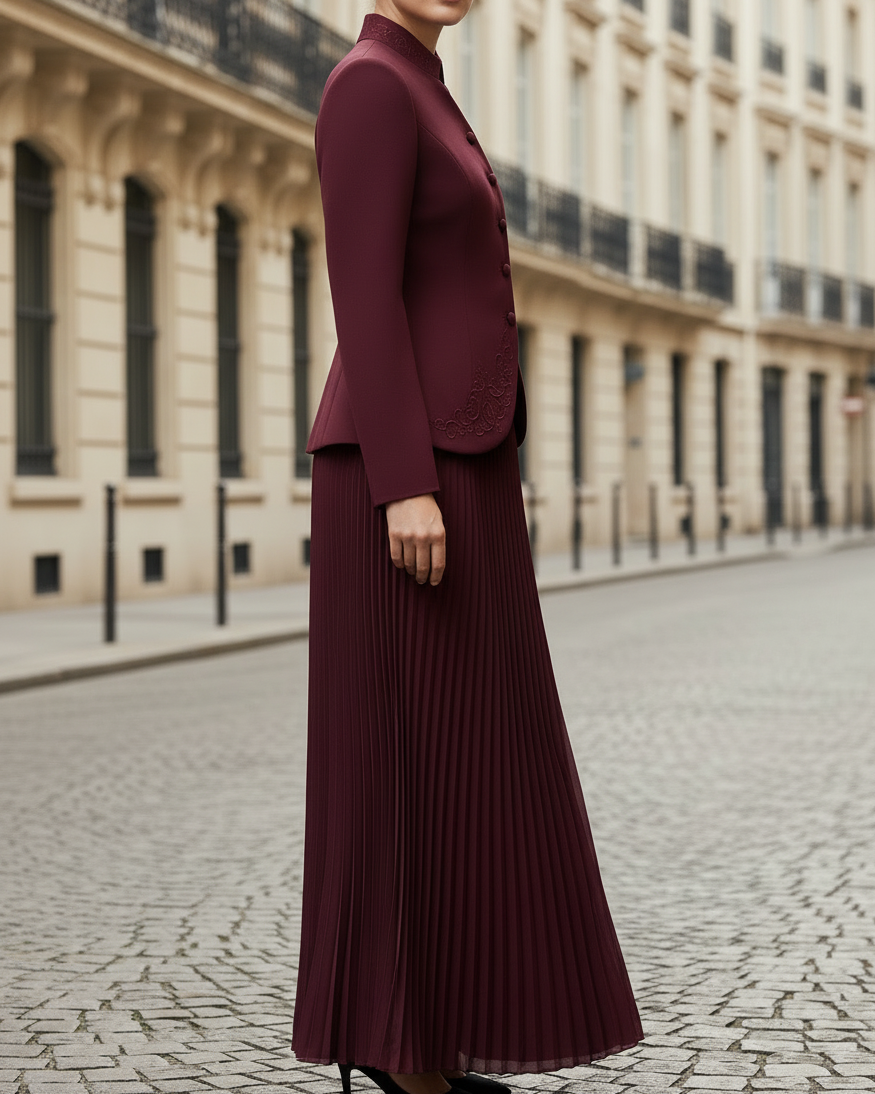 Embroidered Mandarin-Collar Blazer And Pleated Midi Skirt Set