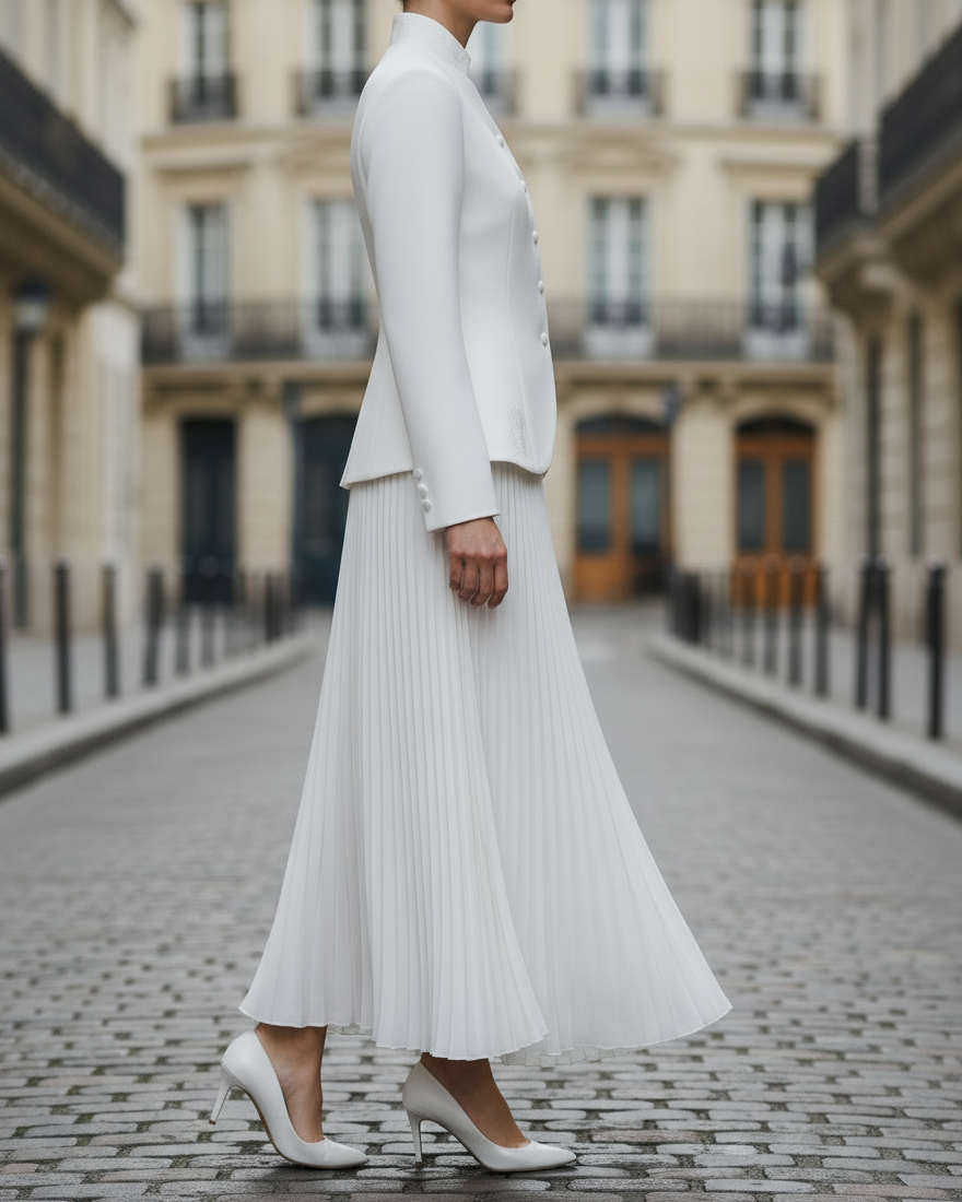 Embroidered Mandarin-Collar Blazer And Pleated Midi Skirt Set