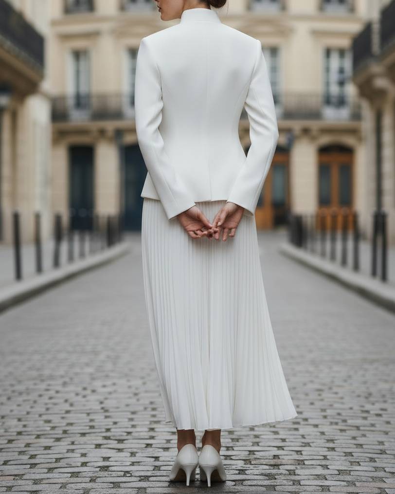 Embroidered Mandarin-Collar Blazer And Pleated Midi Skirt Set
