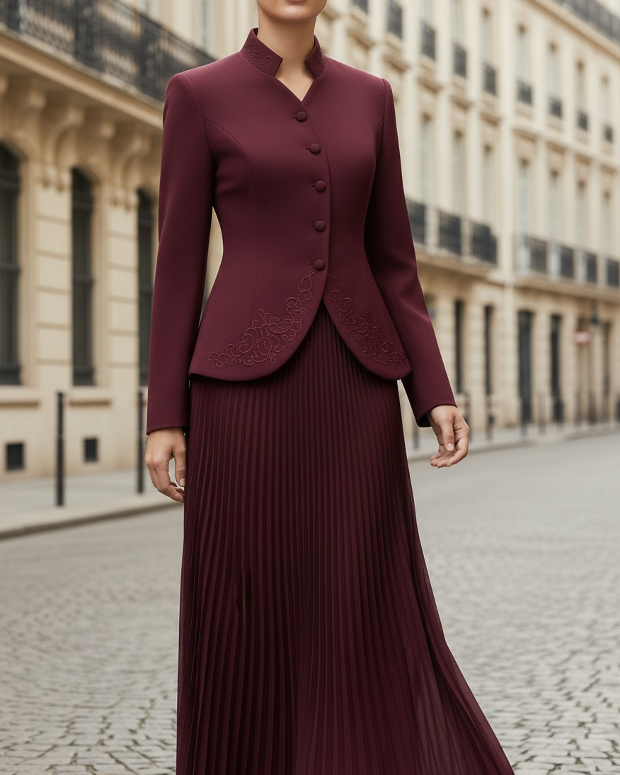 Embroidered Mandarin-Collar Blazer And Pleated Midi Skirt Set