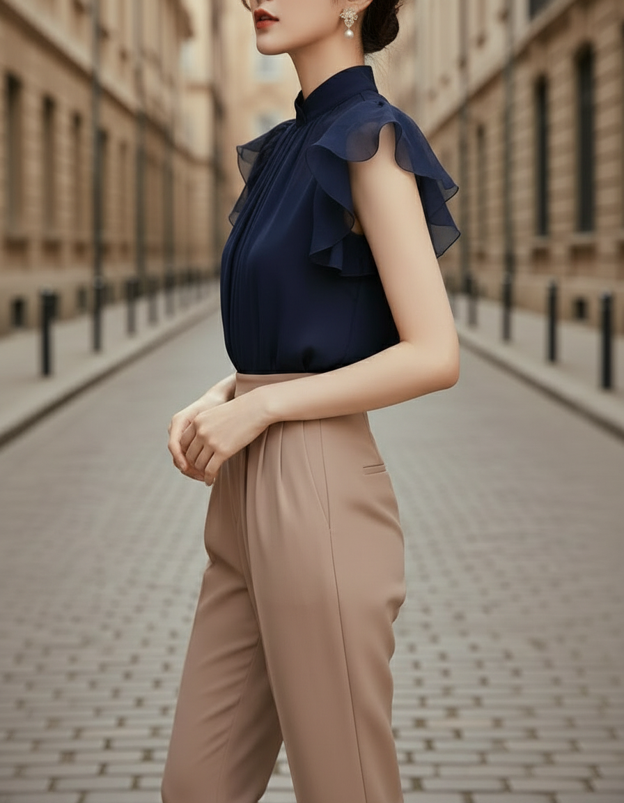 Chiffon Mandarin-Collar Ruffle Sleeve Blouse