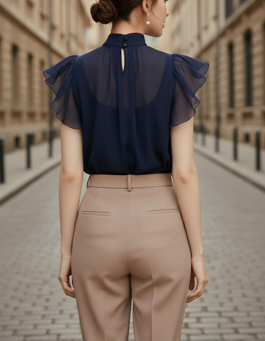 Chiffon Mandarin-Collar Ruffle Sleeve Blouse